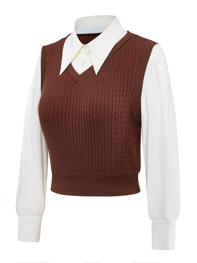 [Prévente] 2PCS marron style blouse et jupe à carreaux tricotées années 40