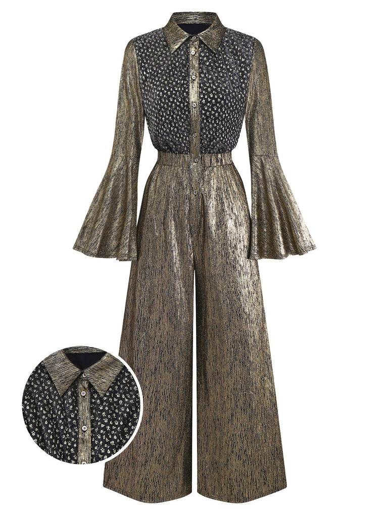 [Prévente] Combinaison col chemise motif petits fleur manches cloche dorée années 80