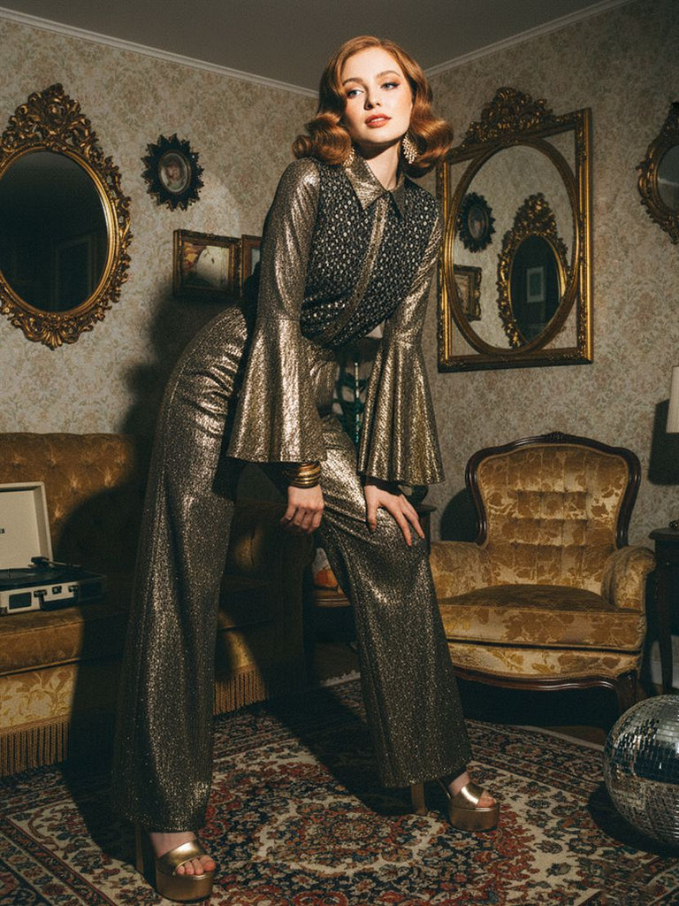 [Prévente] Combinaison col chemise motif petits fleur manches cloche dorée années 80