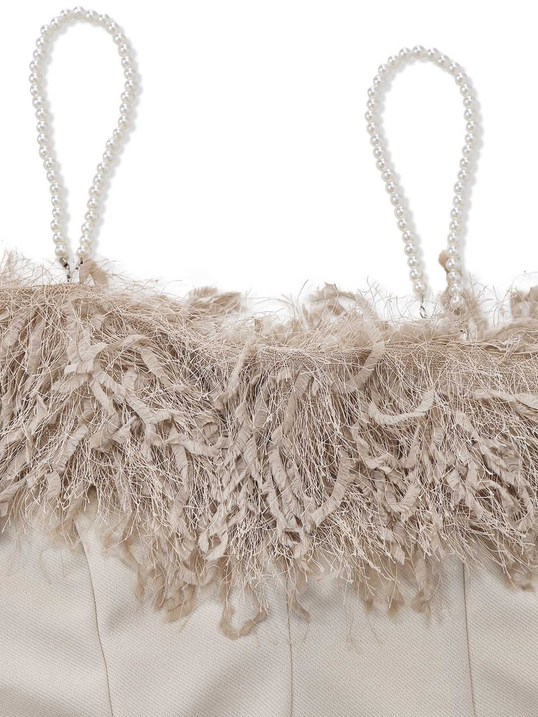 [Prévente] Robe sirène tricotée à bretelles kaki fausse plume d'autruche années 1930