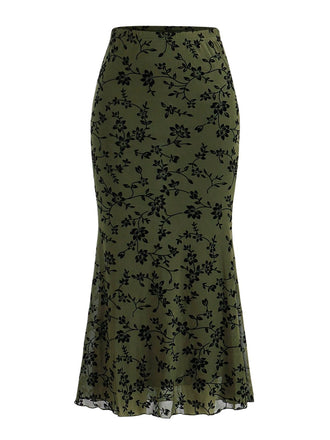 Jupe sirène maxi imprimé floral floqué années 1930