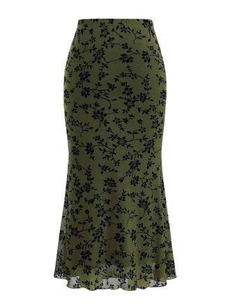 Jupe sirène maxi imprimé floral floqué années 1930