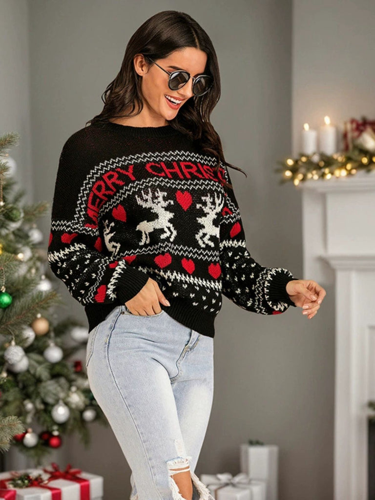 Pull noir motifs de cœurs et de rennes Joyeux Noël des années 1930
