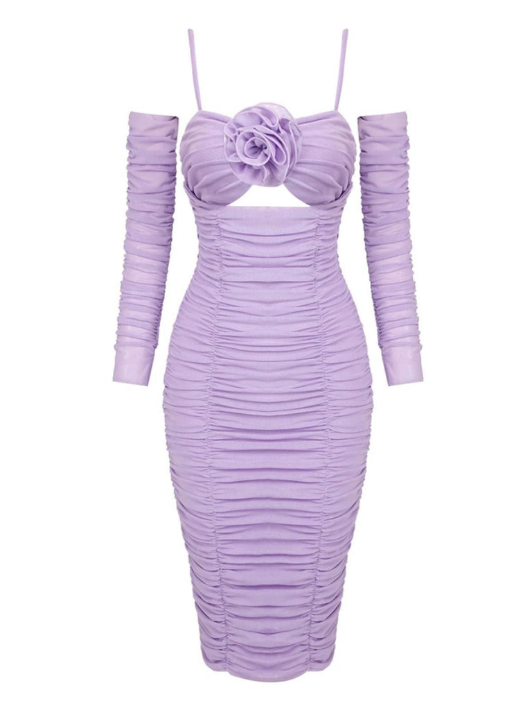[Pré-vente] Robe en maille froncée à fleurs 3D lavande des années 1960
