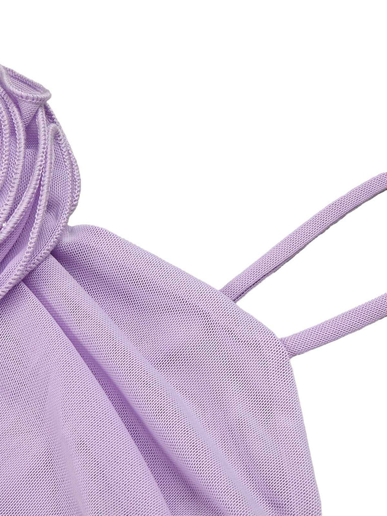 [Pré-vente] Robe en maille froncée à fleurs 3D lavande des années 1960