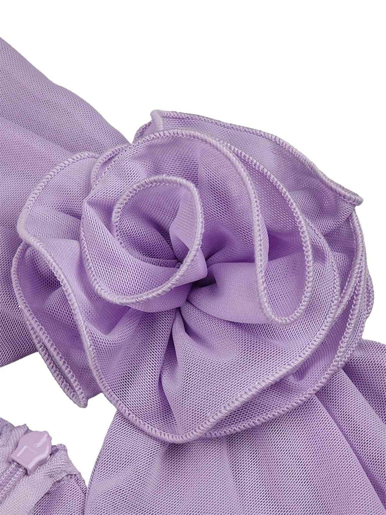 [Pré-vente] Robe en maille froncée à fleurs 3D lavande des années 1960