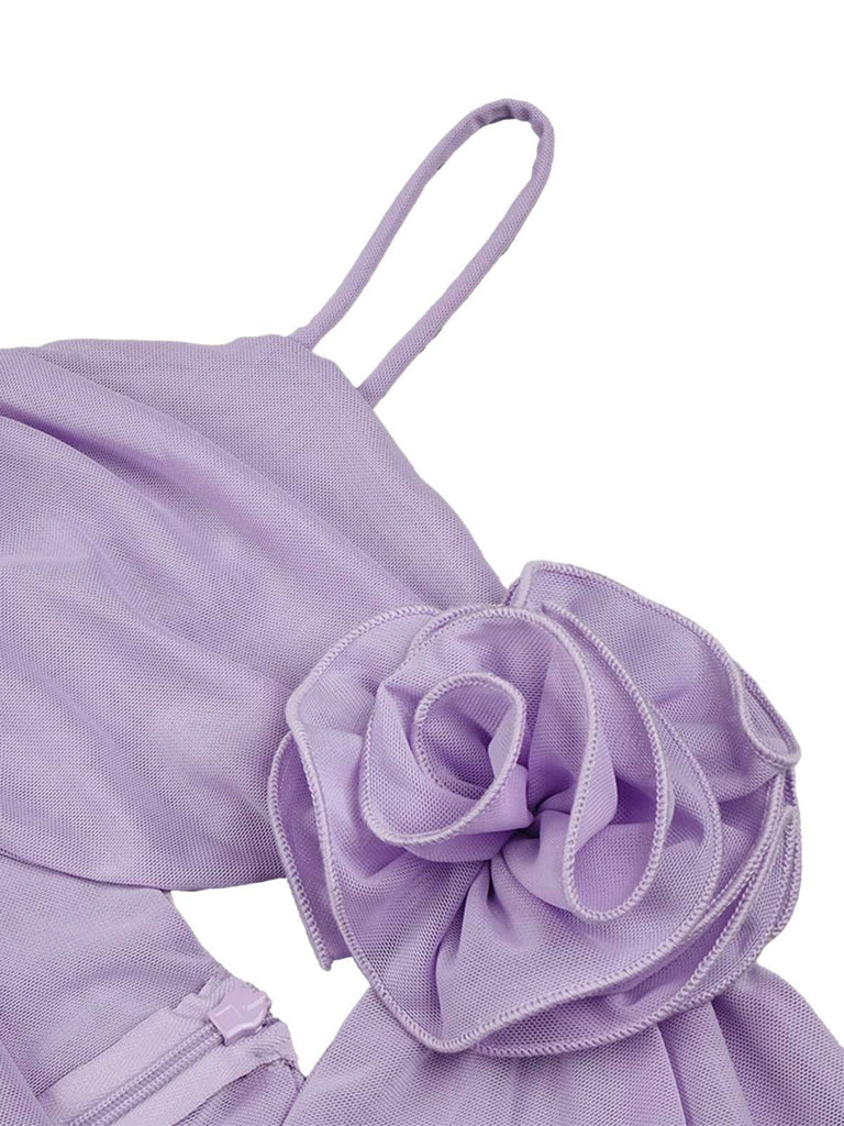 [Pré-vente] Robe en maille froncée à fleurs 3D lavande des années 1960