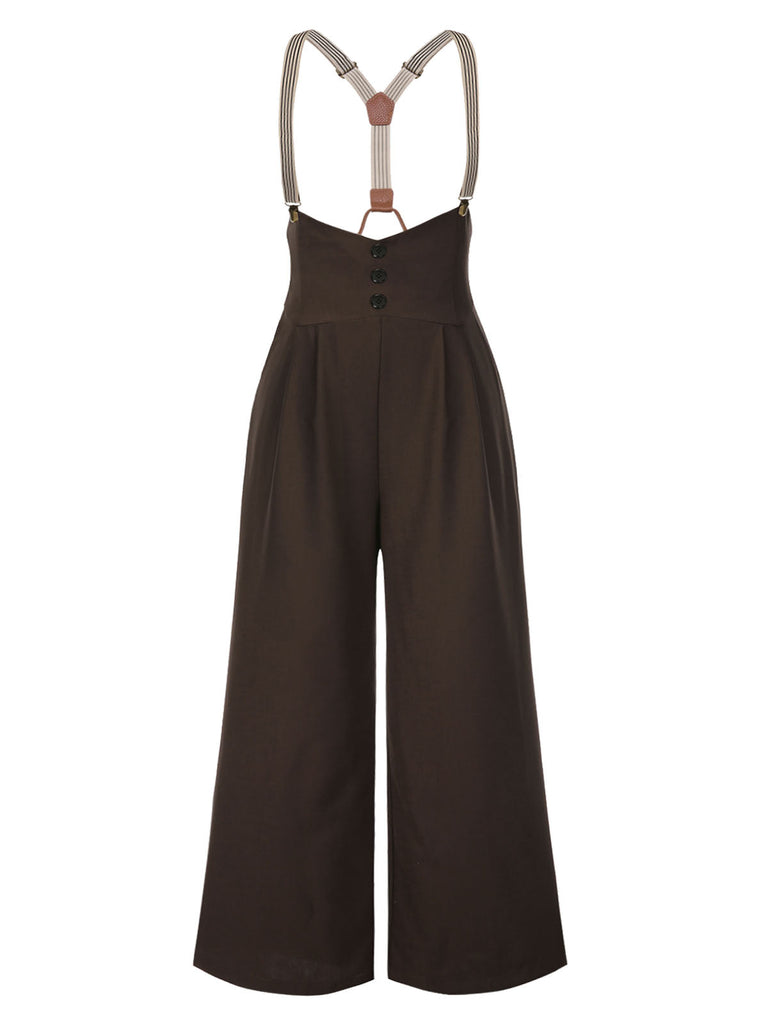 [Prévente] [Grande taille] Pantalon à bretelles marron foncé à bretelles boutonné années 1950