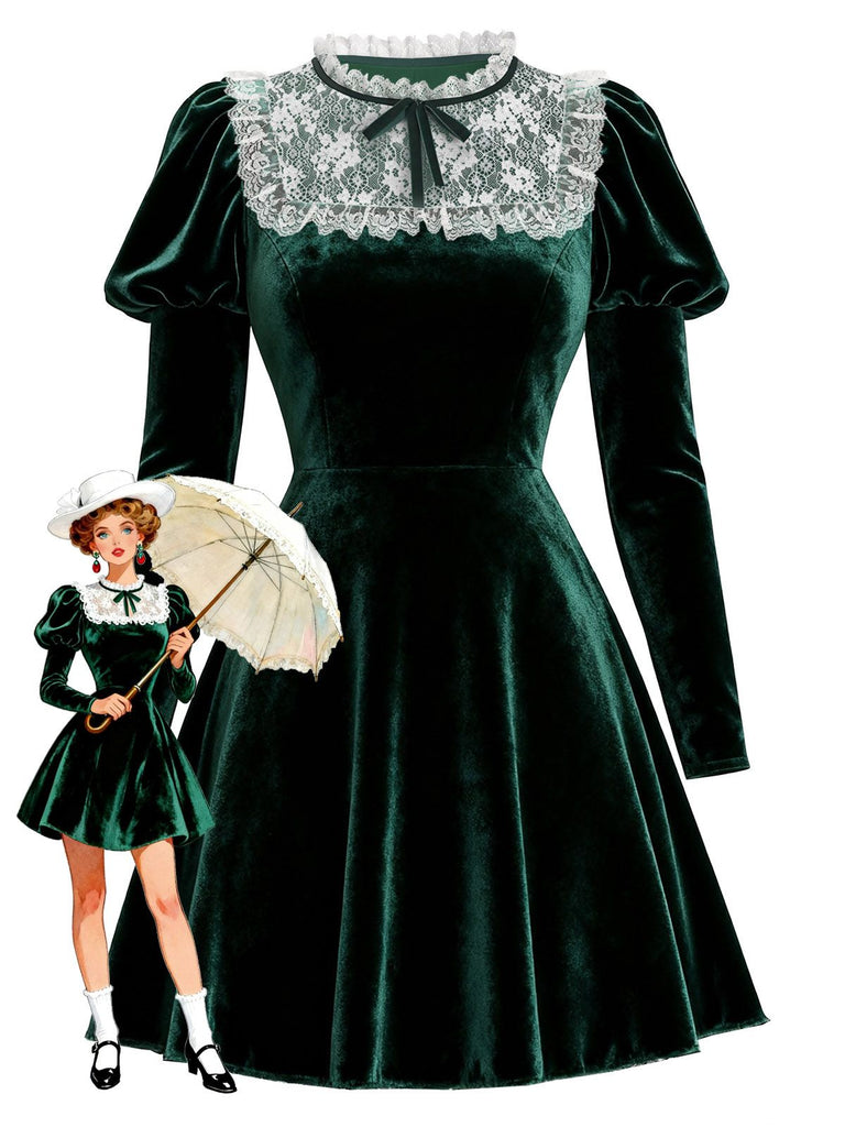 [Pré-vente] Robe victorienne en velours et dentelle verte des années 1960