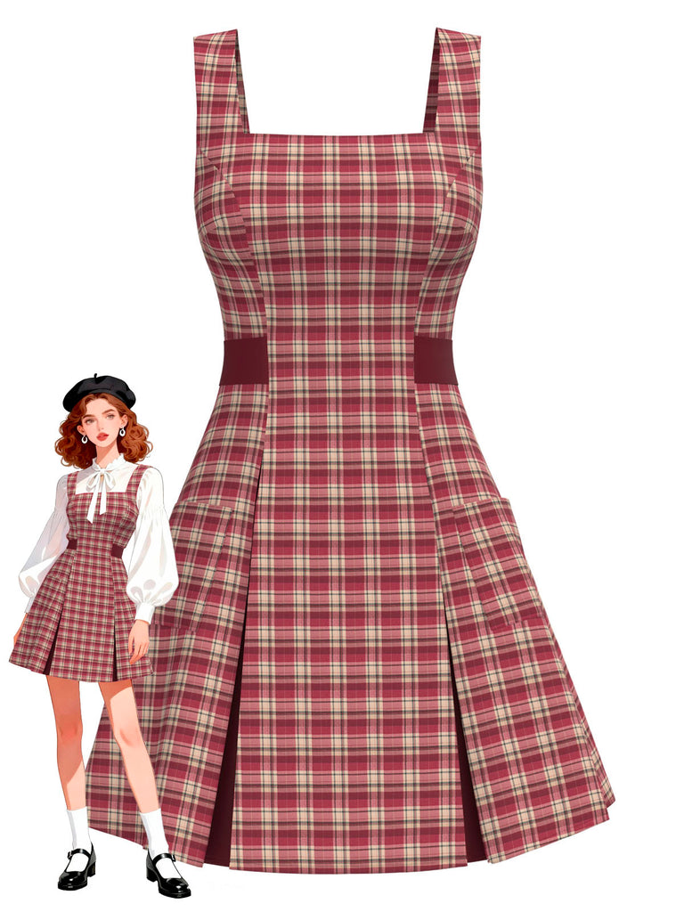 [Pré-vente] Robe plissée à larges bretelles et carreaux rouge foncé des années 1960