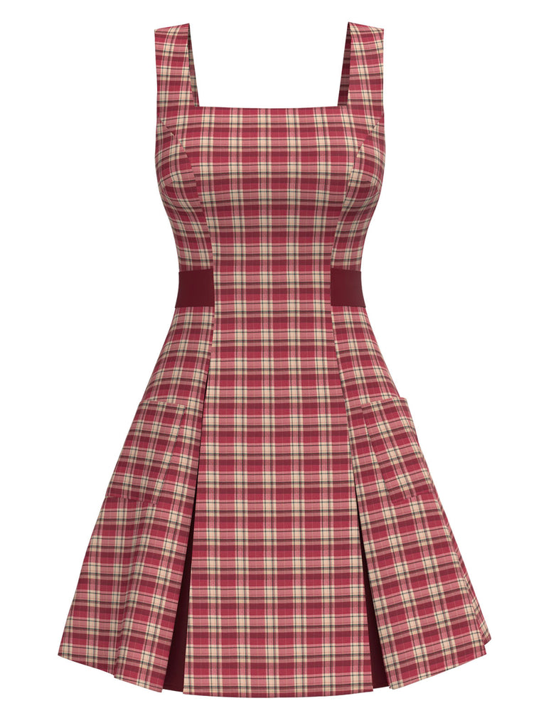 [Pré-vente] Robe plissée à larges bretelles et carreaux rouge foncé des années 1960