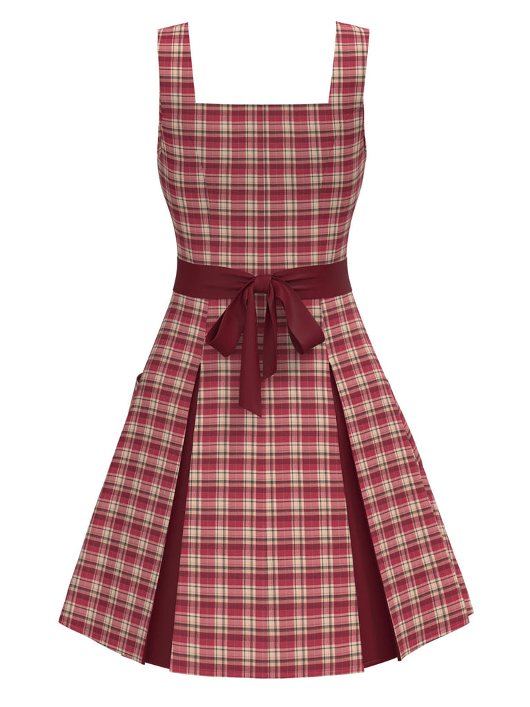 [Pré-vente] Robe plissée à larges bretelles et carreaux rouge foncé des années 1960