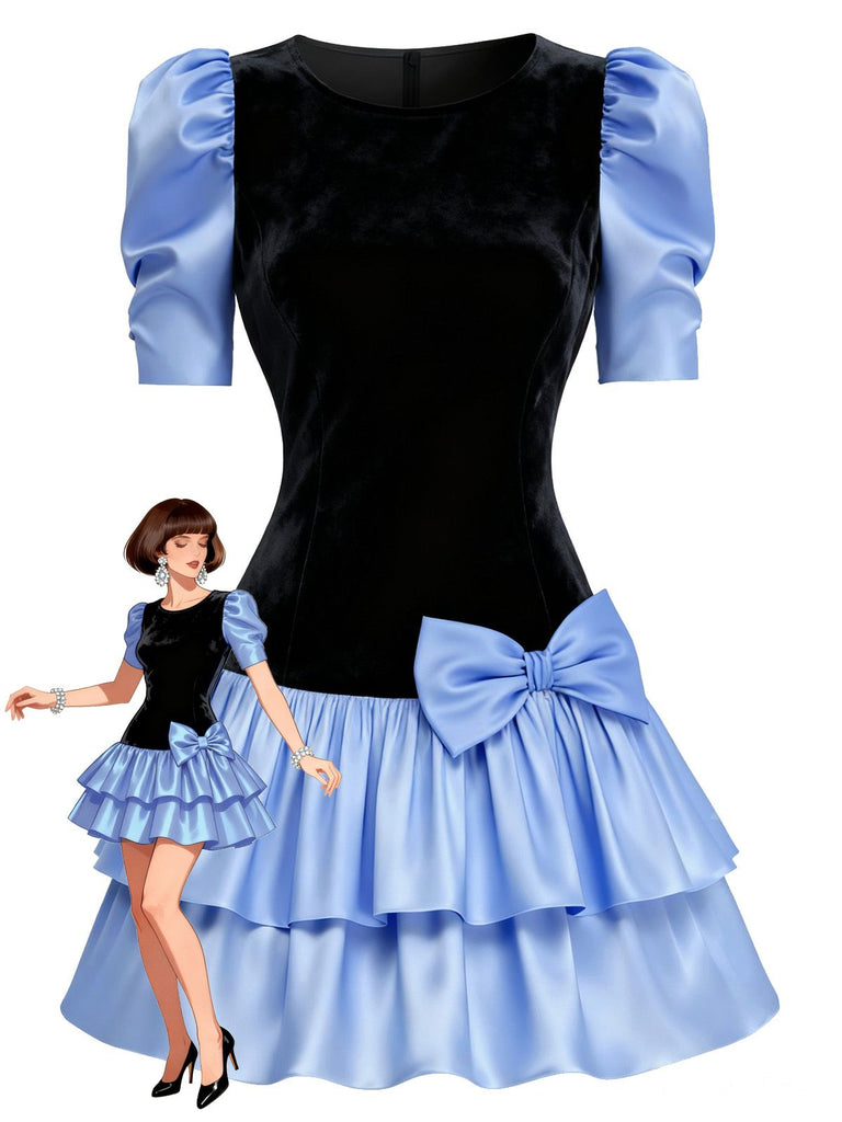 [Pré-vente] Mini-robe noire en velours taché manches bouffantes et nœud des années 1980