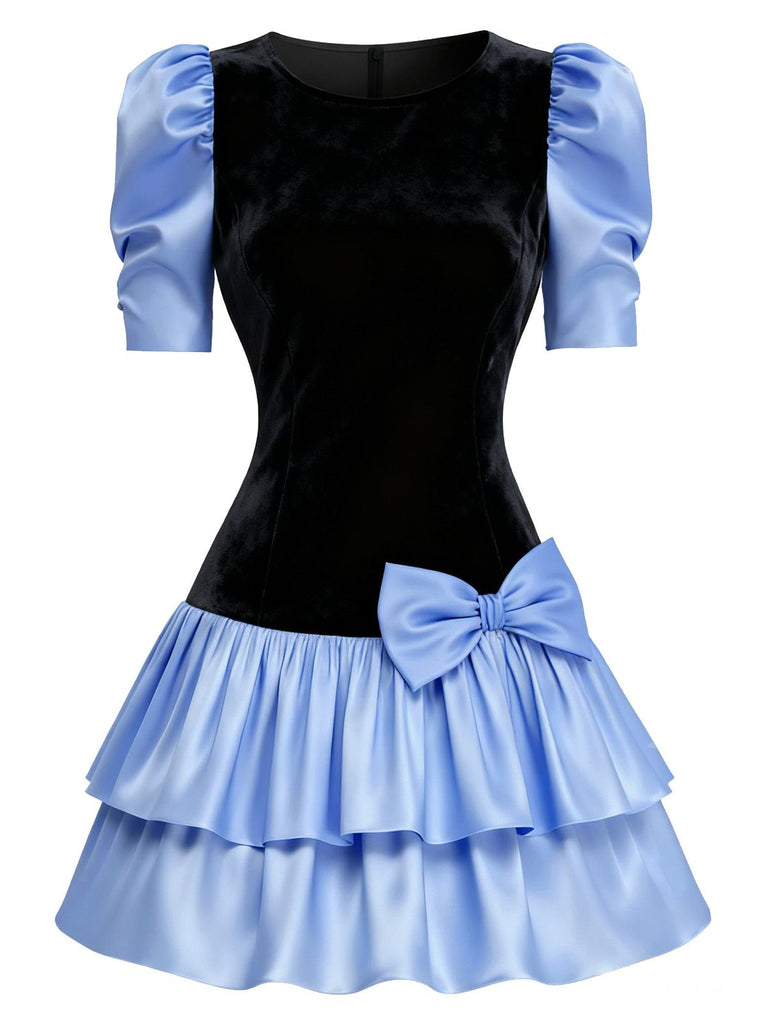 [Pré-vente] Mini-robe noire en velours taché manches bouffantes et nœud des années 1980