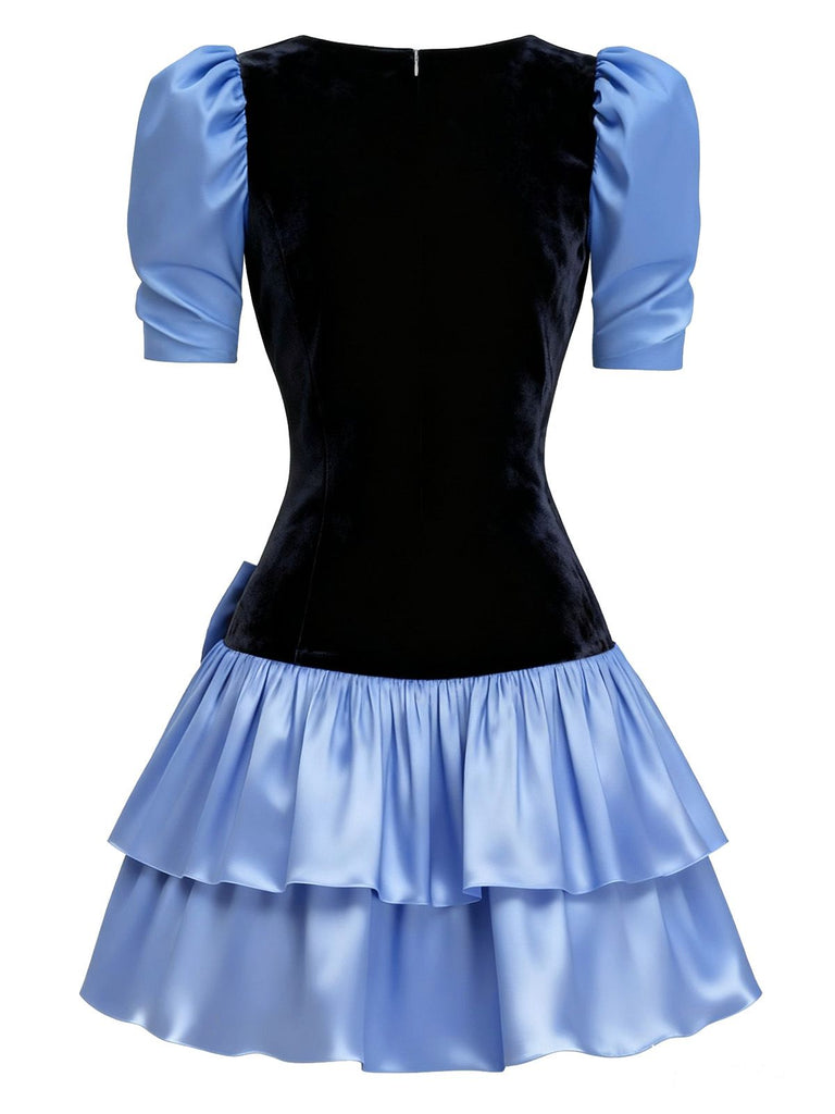 [Pré-vente] Mini-robe noire en velours taché manches bouffantes et nœud des années 1980