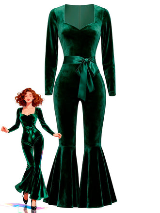 [Pré-vente] Combinaison évasée en velours col en cœur vert années 1970