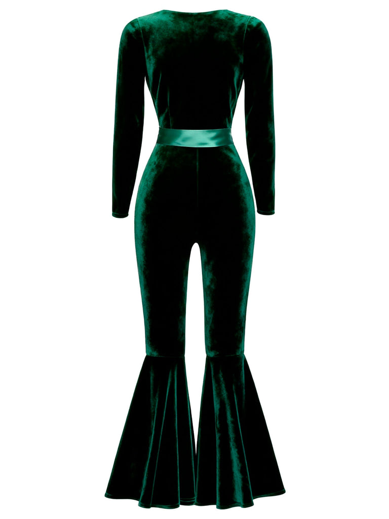 [Prévente] Combinaison évasée en velours col en cœur rouge années 1970