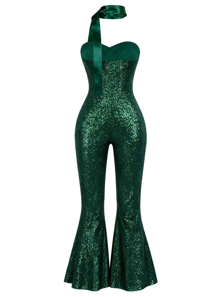 [Pré-vente] Combinaison bustier à paillettes verte à jambe évasée des années 1970