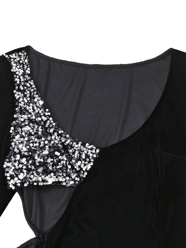 [Prévente] Robe sirène fendue en velours noir à paillettes des années 30