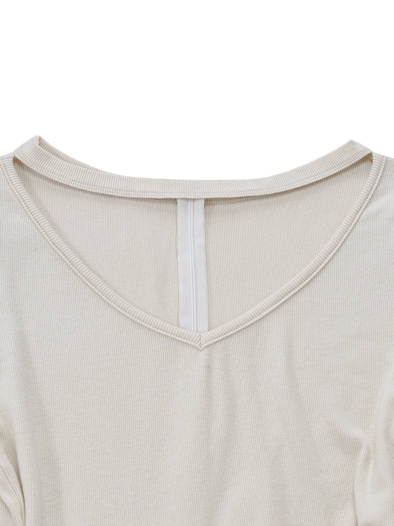 [Pré-vente] Robe patchwork en tricot et peluche à nœud col en trou de serrure beige années 1950