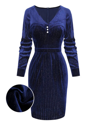 [Prévente] Robe crayon en velours pailleté col V bleu années 60