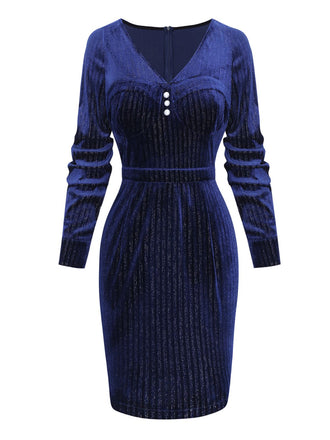 [Prévente] Robe crayon en velours pailleté col V bleu années 60