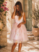 Robe courte rose en dentelle florale brodée années 1970