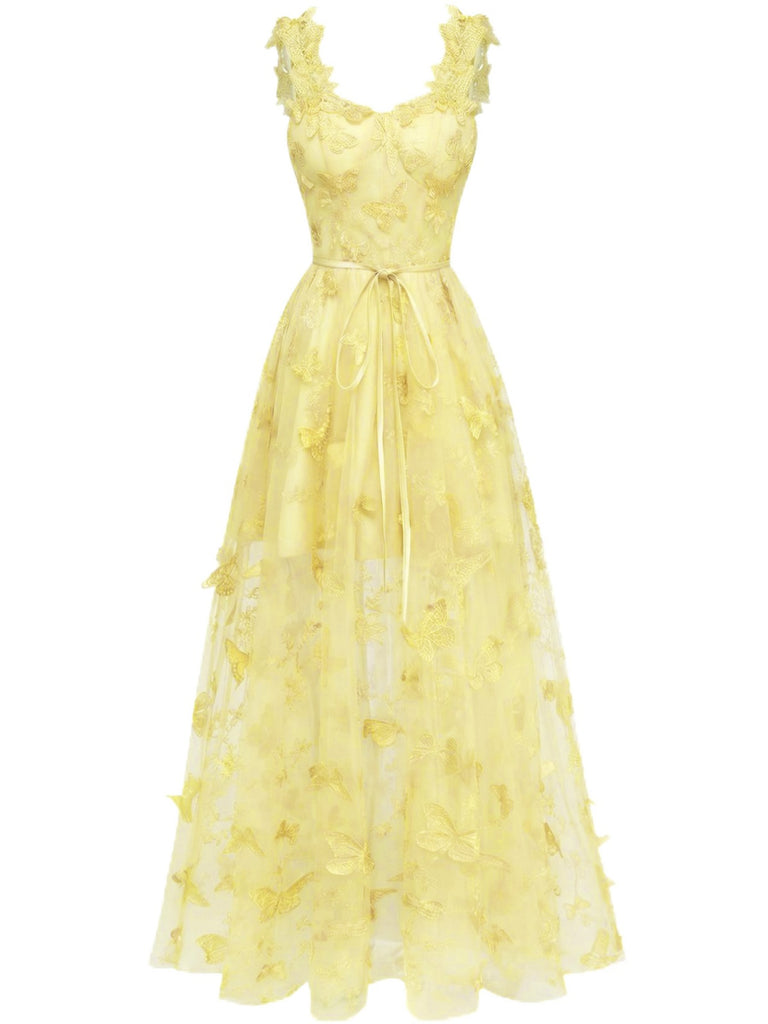 Robe Maxi Bretelles Épaghetti Papillons 3D Maille Années 1930