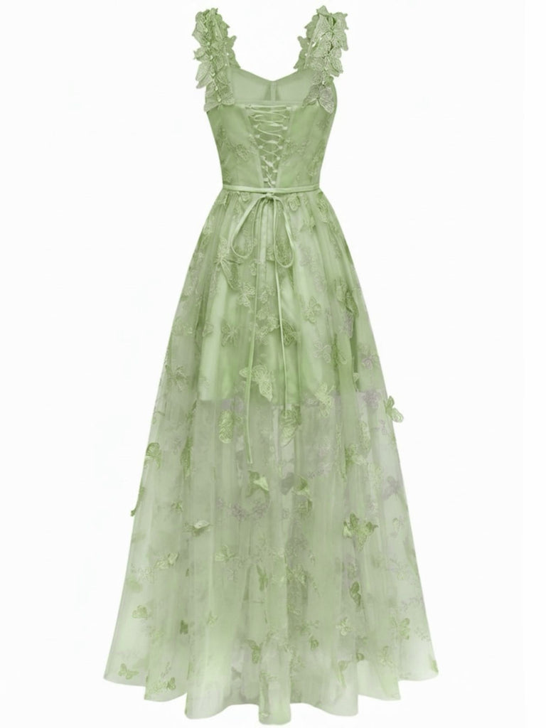 Robe Maxi Bretelles Épaghetti Papillons 3D Maille Années 1930