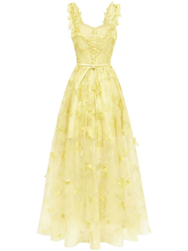 Robe Maxi Bretelles Épaghetti Papillons 3D Maille Années 1930