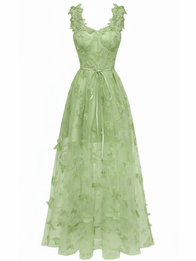 Robe Maxi Bretelles Épaghetti Papillons 3D Maille Années 1930