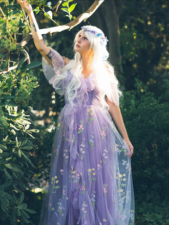Robe fendue violette tulle fleurs 1970s