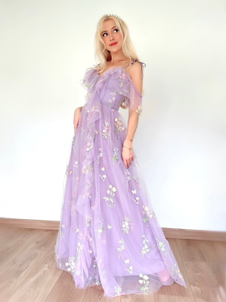 [Prévente] Robe fendue violette tulle fleurs 1970s