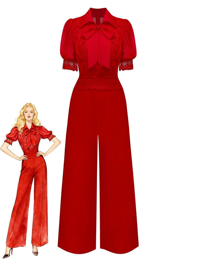 Combinaison à revers uni col en dentelle florale et nœud années 1950