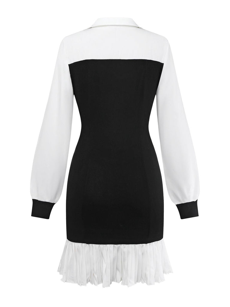 Robe plissée à revers bicolore noir et blanc des années 1960