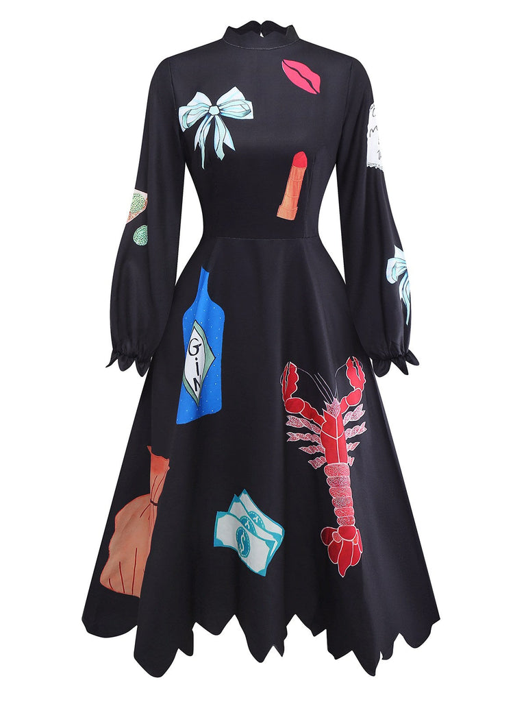 Robe imprimés de homard manga col zigzag manches lanternes noire années 1950