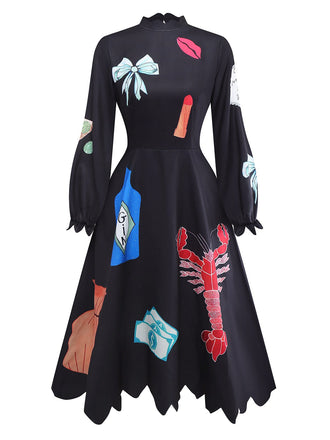 Robe imprimés de homard manga col zigzag manches lanternes noire années 1950