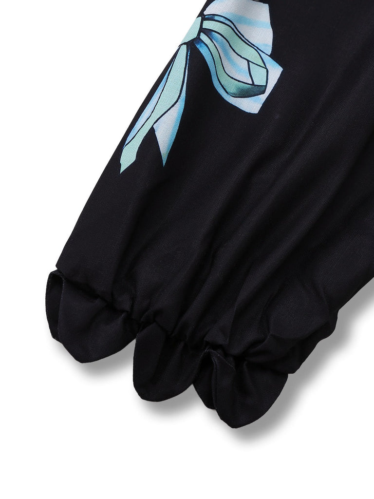 Robe imprimés de homard manga col zigzag manches lanternes noire années 1950