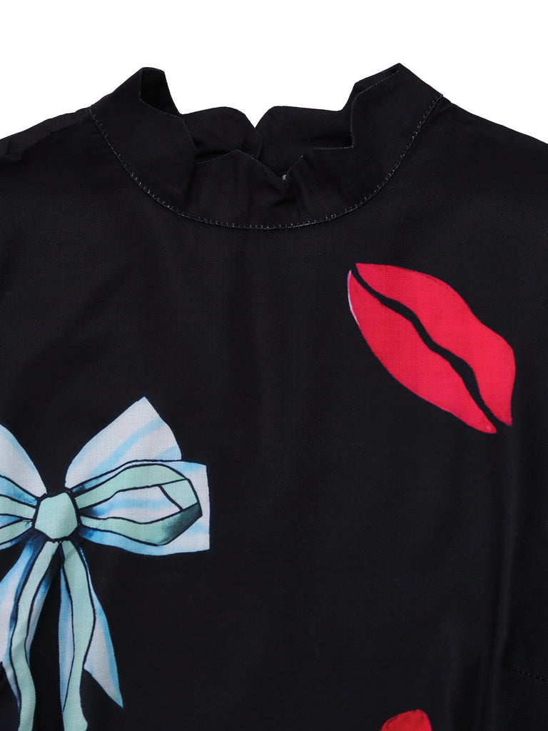 Robe imprimés de homard manga col zigzag manches lanternes noire années 1950