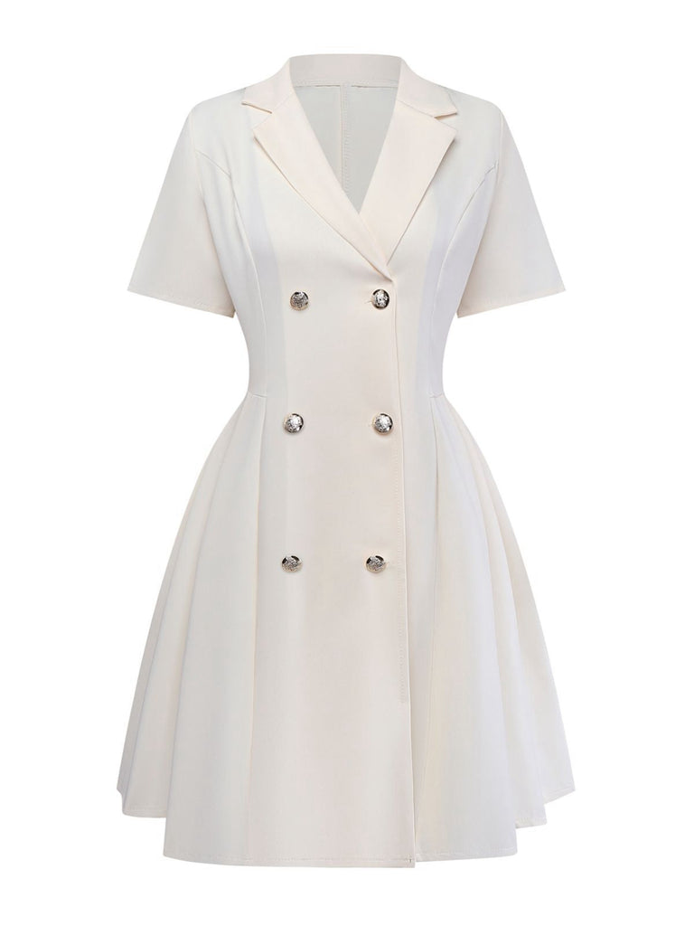 Robe beige plissée  double boutonnage et revers années 1970