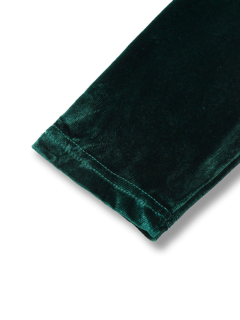 Robe moulante manches longues et froncées en velours vert des années 1960