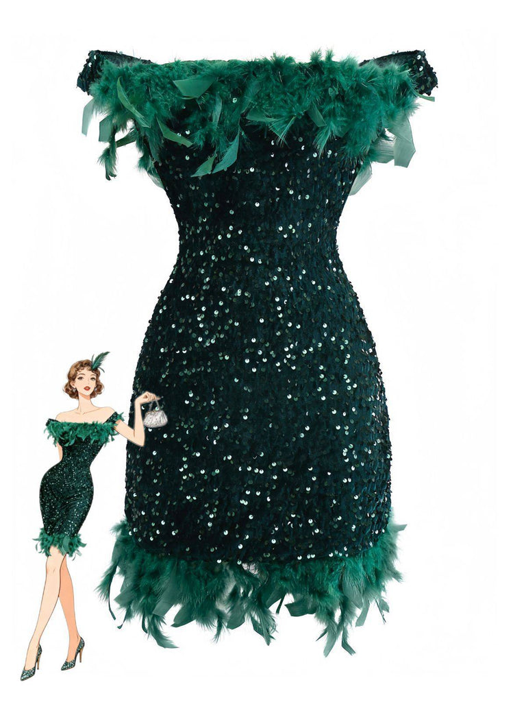 Robe moulante verte à épaules dénudées et plumes pailletées des années 1960