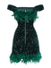 Robe moulante verte à épaules dénudées et plumes pailletées des années 1960