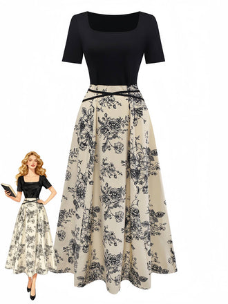 Robe kaki col carré imprimé peinture à l'encre de fleurs années 1970