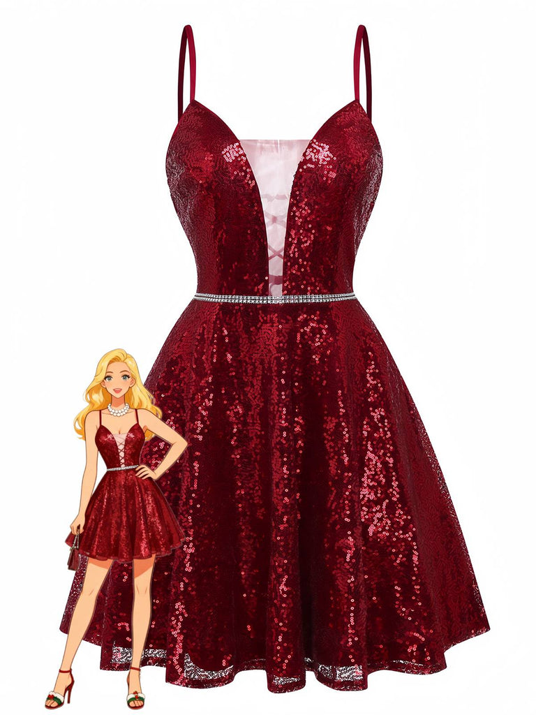 Robe en maille à paillettes col décolleté en V profond rouge vin des années 1950