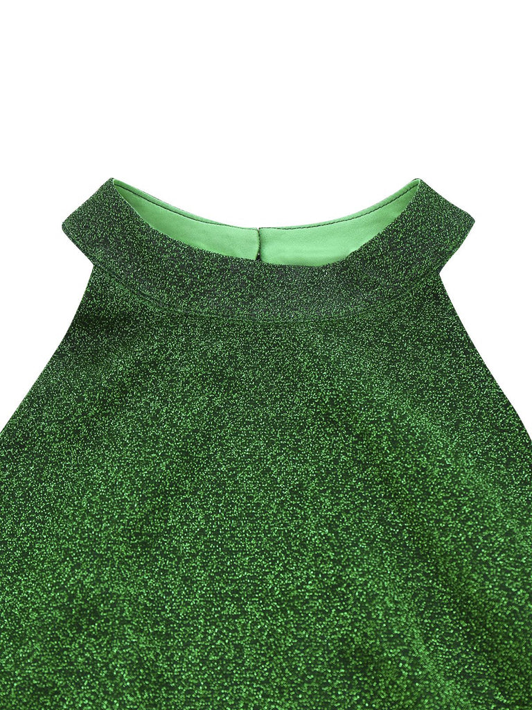 [Pré-vente] Combinaison verte évasée en mailles patchwork brillantes des années 1980