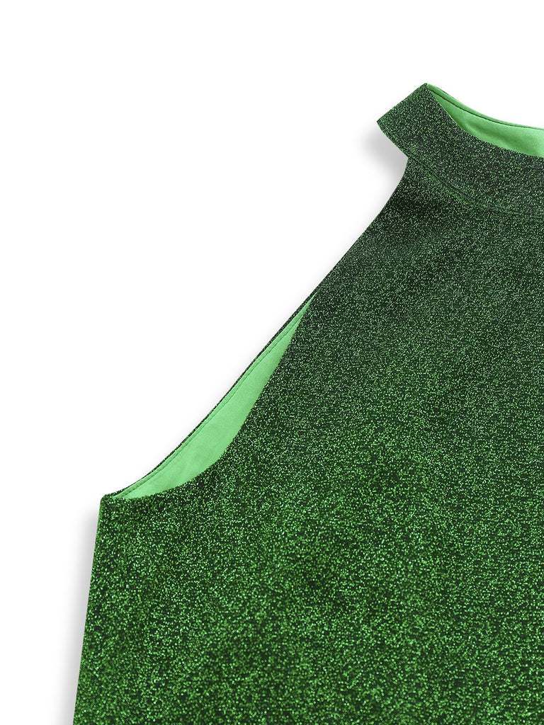 [Pré-vente] Combinaison verte évasée en mailles patchwork brillantes des années 1980