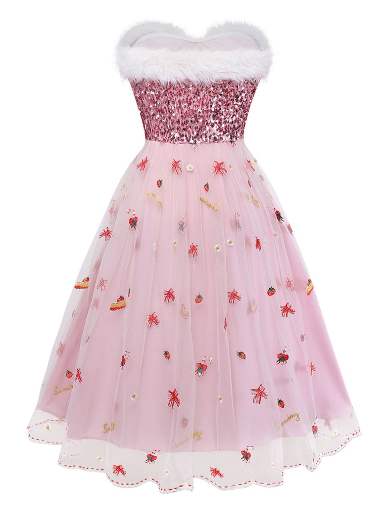 [Prévente] Robe bustier rose en maille à sequins et fourrure années 1950