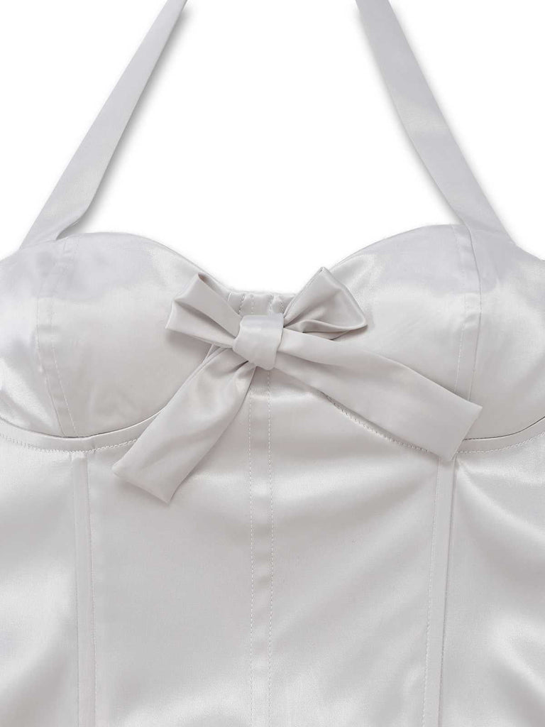 [Prévente] Robe bustier blanche en satin à franges de plumes années 1960