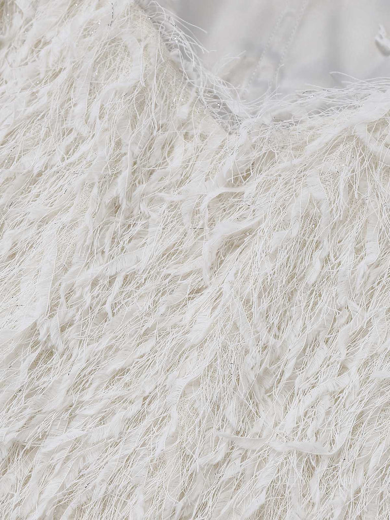 [Prévente] Robe bustier blanche en satin à franges de plumes années 1960